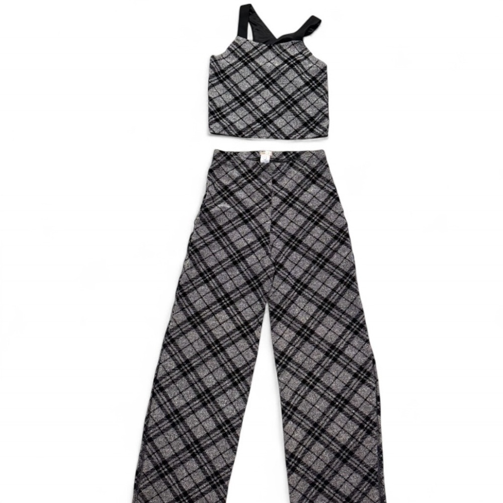 Tween Size XL Plaid Two-Piece Crop Top & Wide Leg Pants Set - Black & Gray